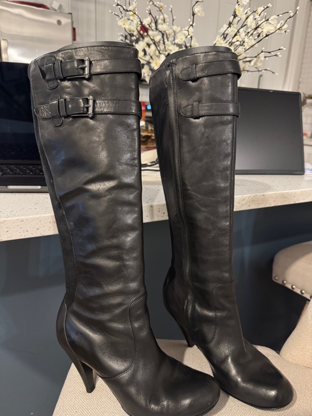 Cole Haan Black Leather Knee-High Heeled Riding Boots